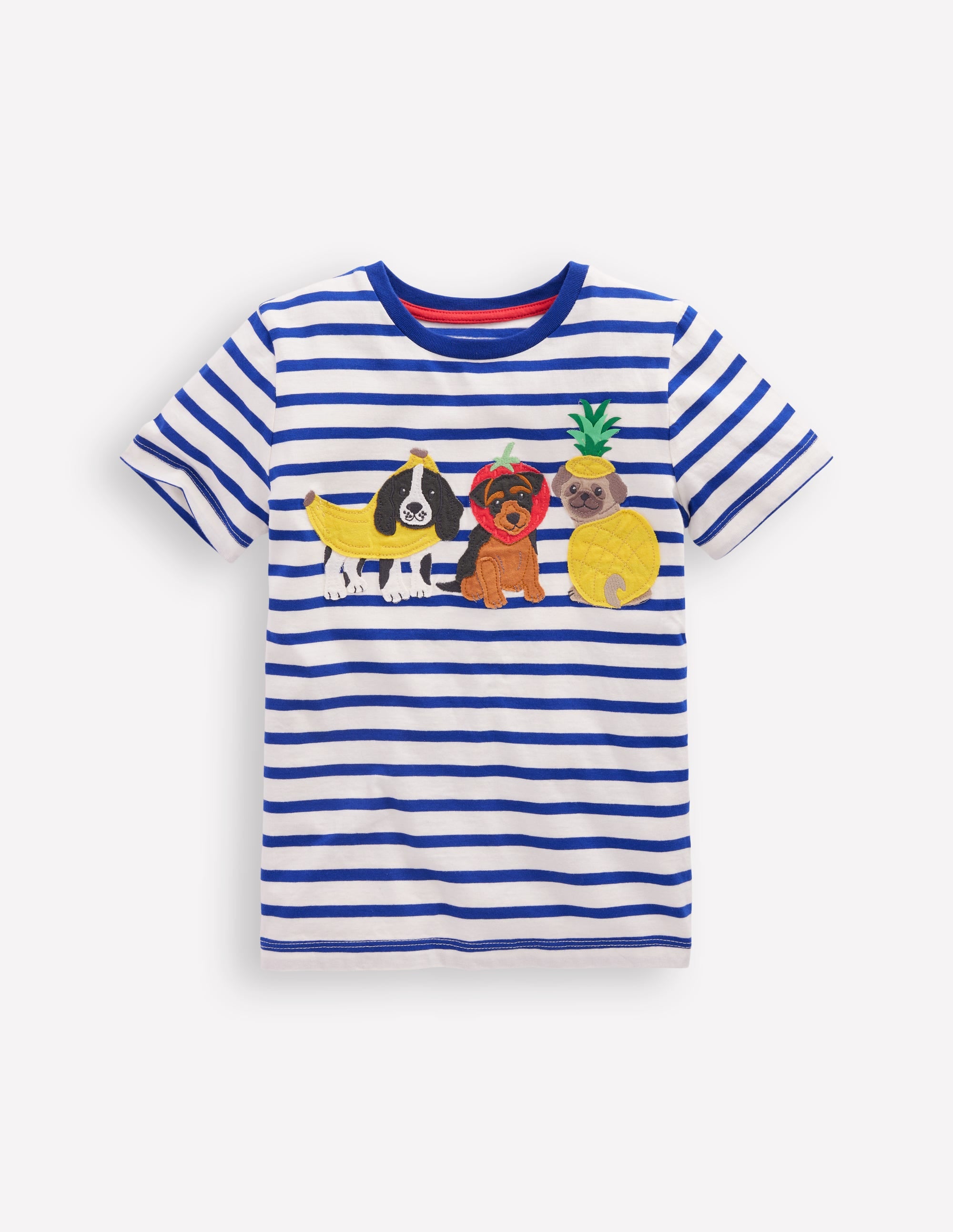 Short Sleeve Appliqué T-shirt-Bright Blue Stripe Fruit Dogs - Image 1