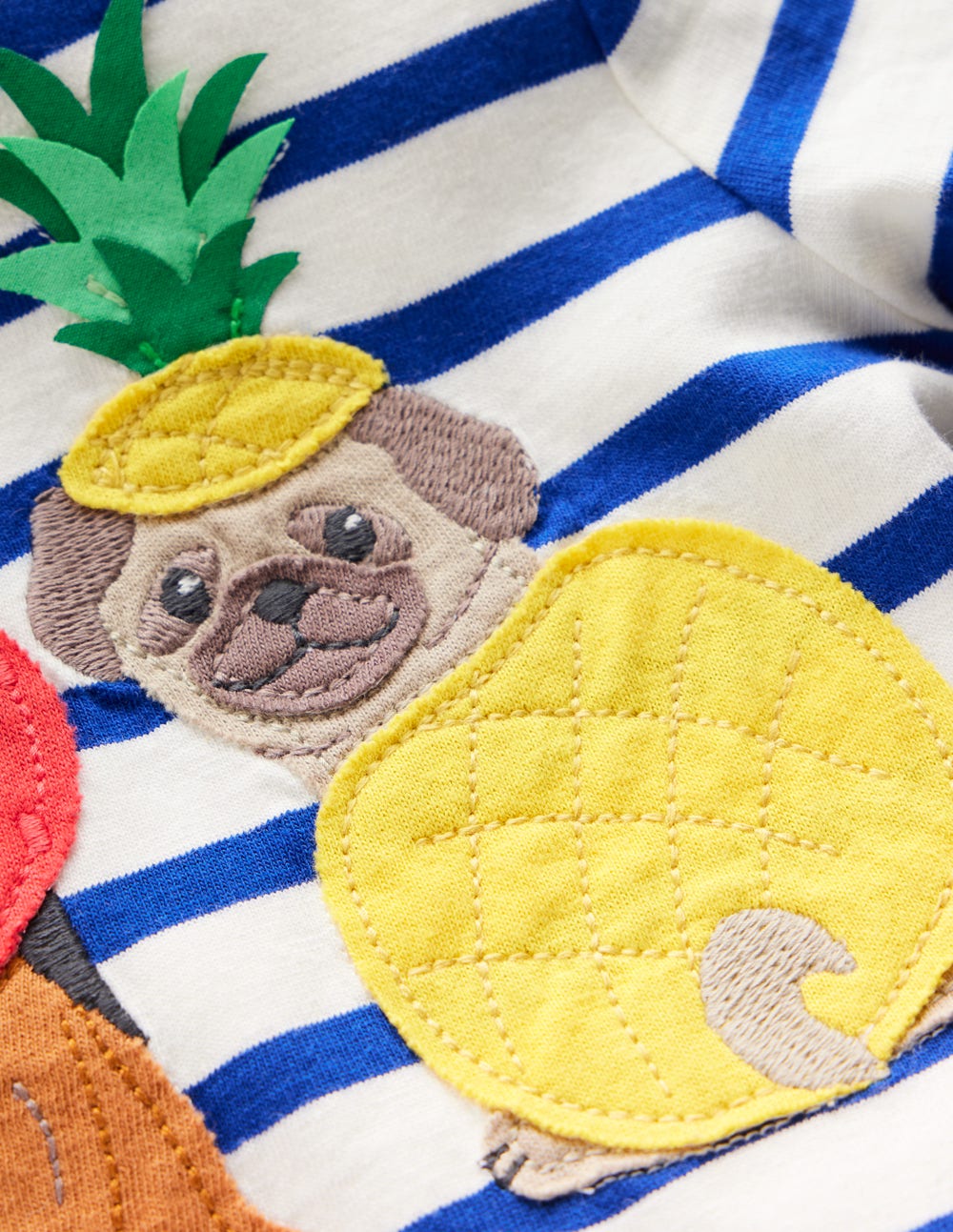 Short Sleeve Appliqué T-shirt-Bright Blue Stripe Fruit Dogs - Image 3