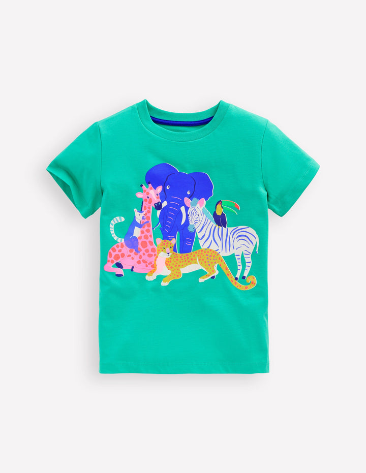 Short Sleeve Riso T-Shirt-Aquamarine Blue Jungle Animals