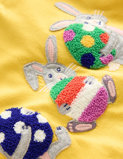 Short Sleeve Appliqué T-shirt-Lemon Yellow Bunnies