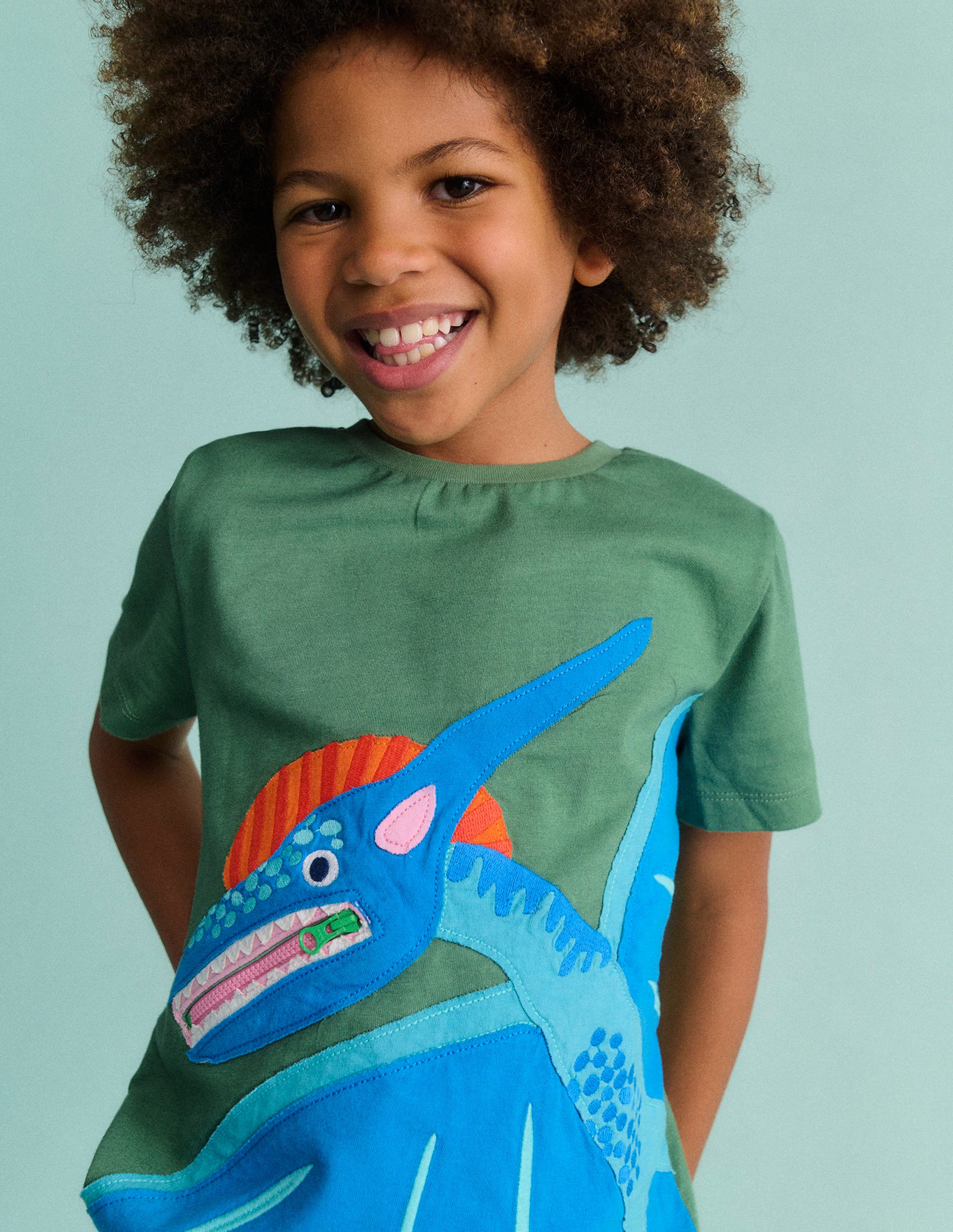 Zip Applique T-shirt-Newt Green Dinosaur - Image 4