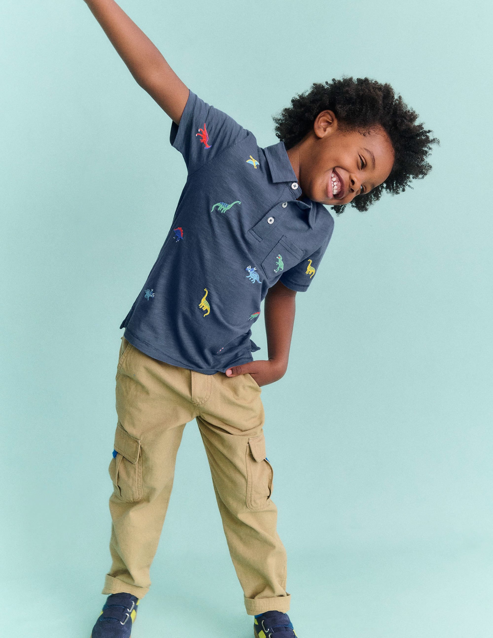 Embroidered Slub Polo Shirt-Multi Dinosaurs - Image 4