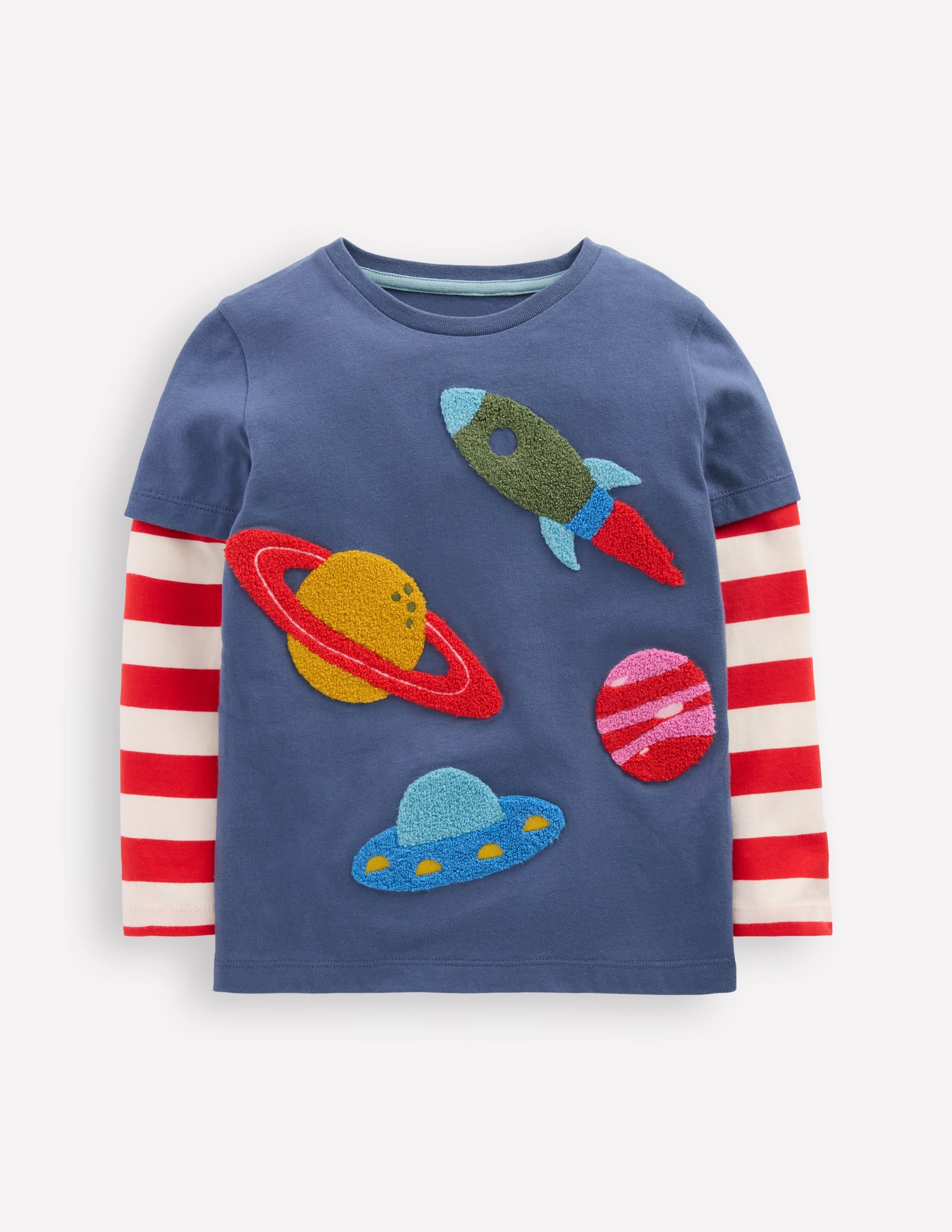 Applique Mock Sleeve T-Shirt-Robot Blue Space - Image 1