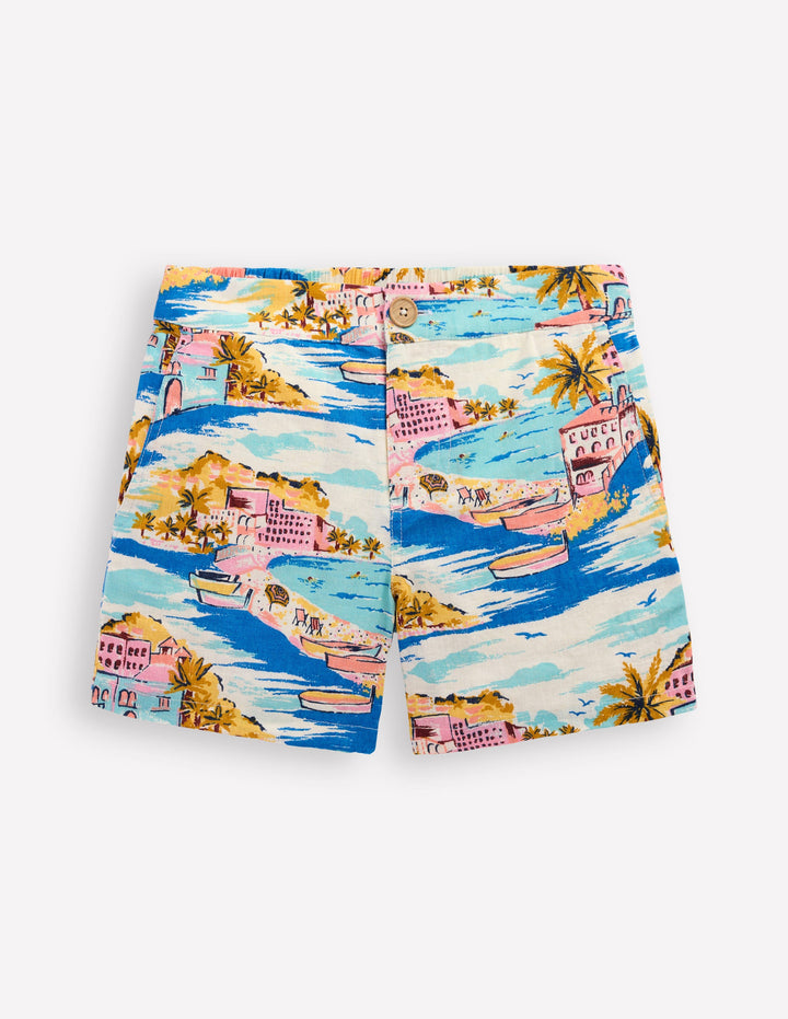 Cotton Linen Shorts-Multi Coastal Scene