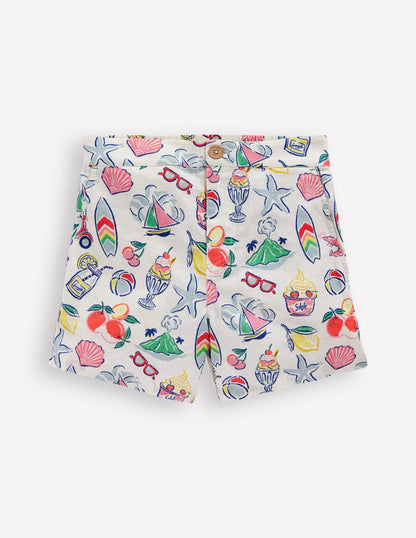 Cotton Linen Shorts-Ivory Holiday Print