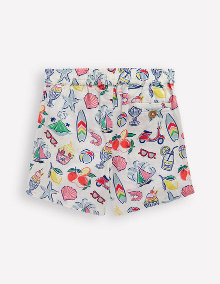 Cotton Linen Shorts-Ivory Holiday Print