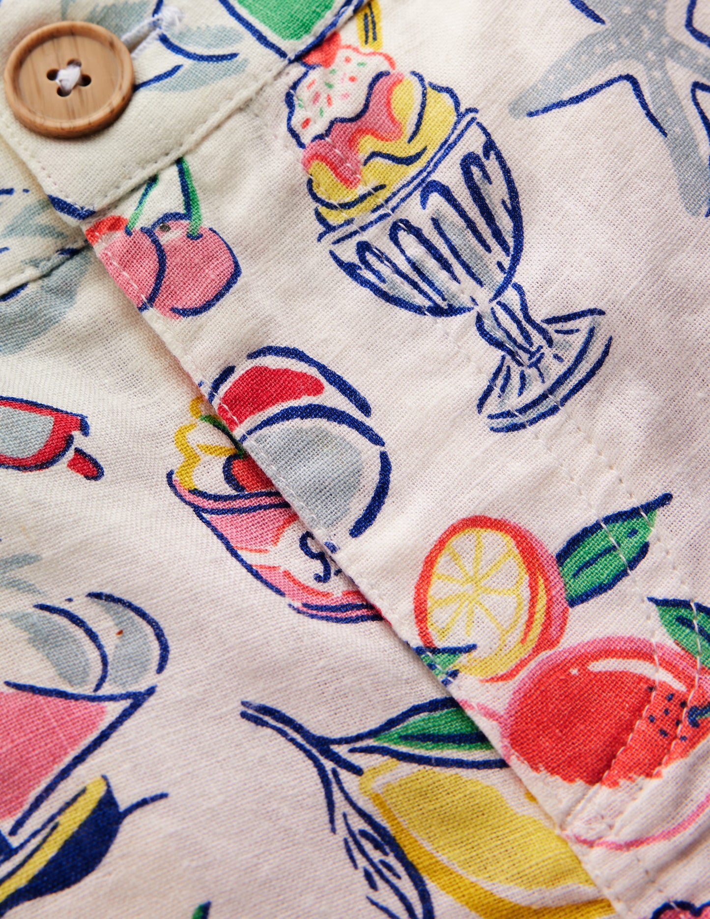 Cotton Linen Shorts-Ivory Holiday Print