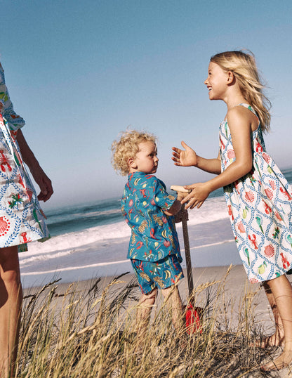 Cotton Linen Shorts-Bright Blue Tropical Tile-4