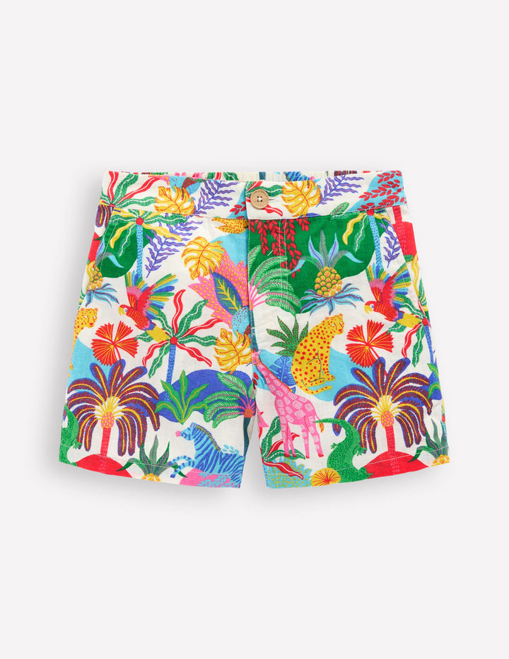 Cotton Linen Shorts-Ivory Multi Jungle