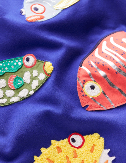 Short Sleeve Appliqué T-shirt-Sapphire Blue Fish