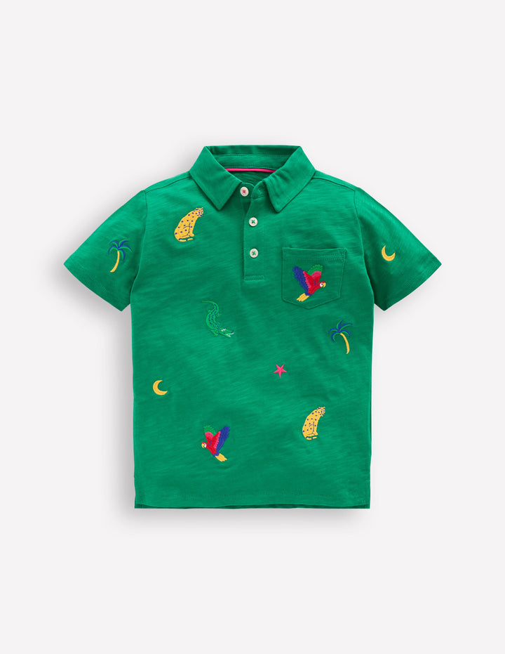 Embroidered Slub Polo Shirt-Shady Green Jungle