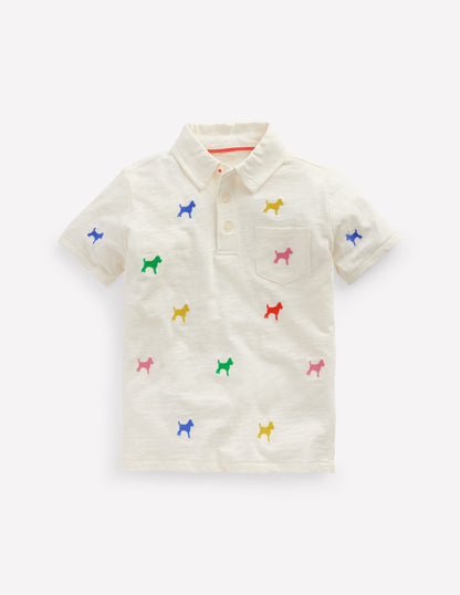 Embroidered Slub Polo Shirt-Ivory Rainbow Janet