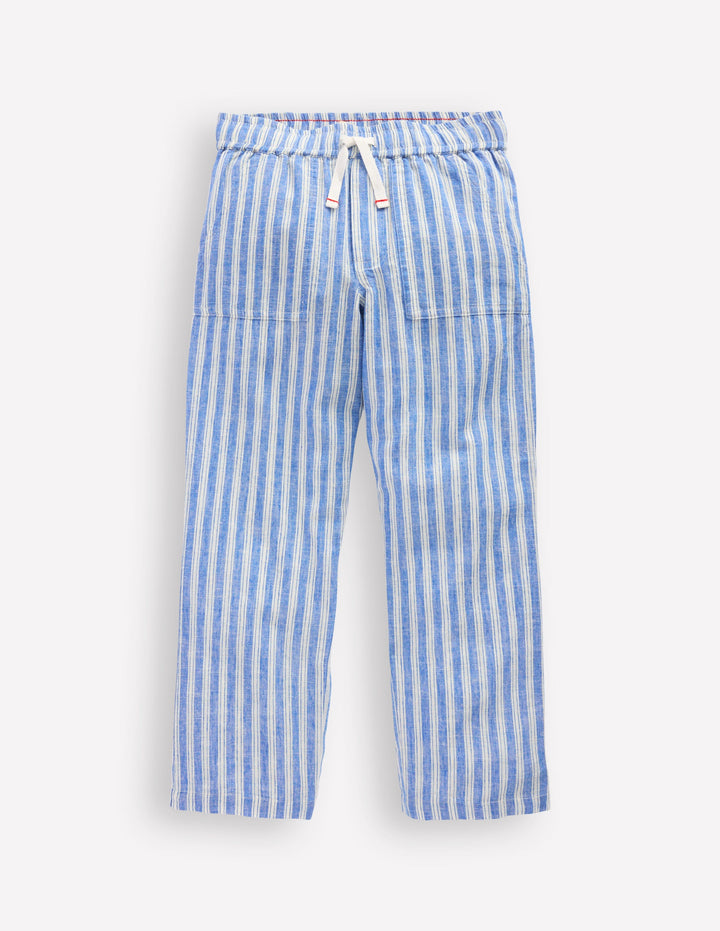 Cotton Linen Pull-On Pants-Blue Ticking