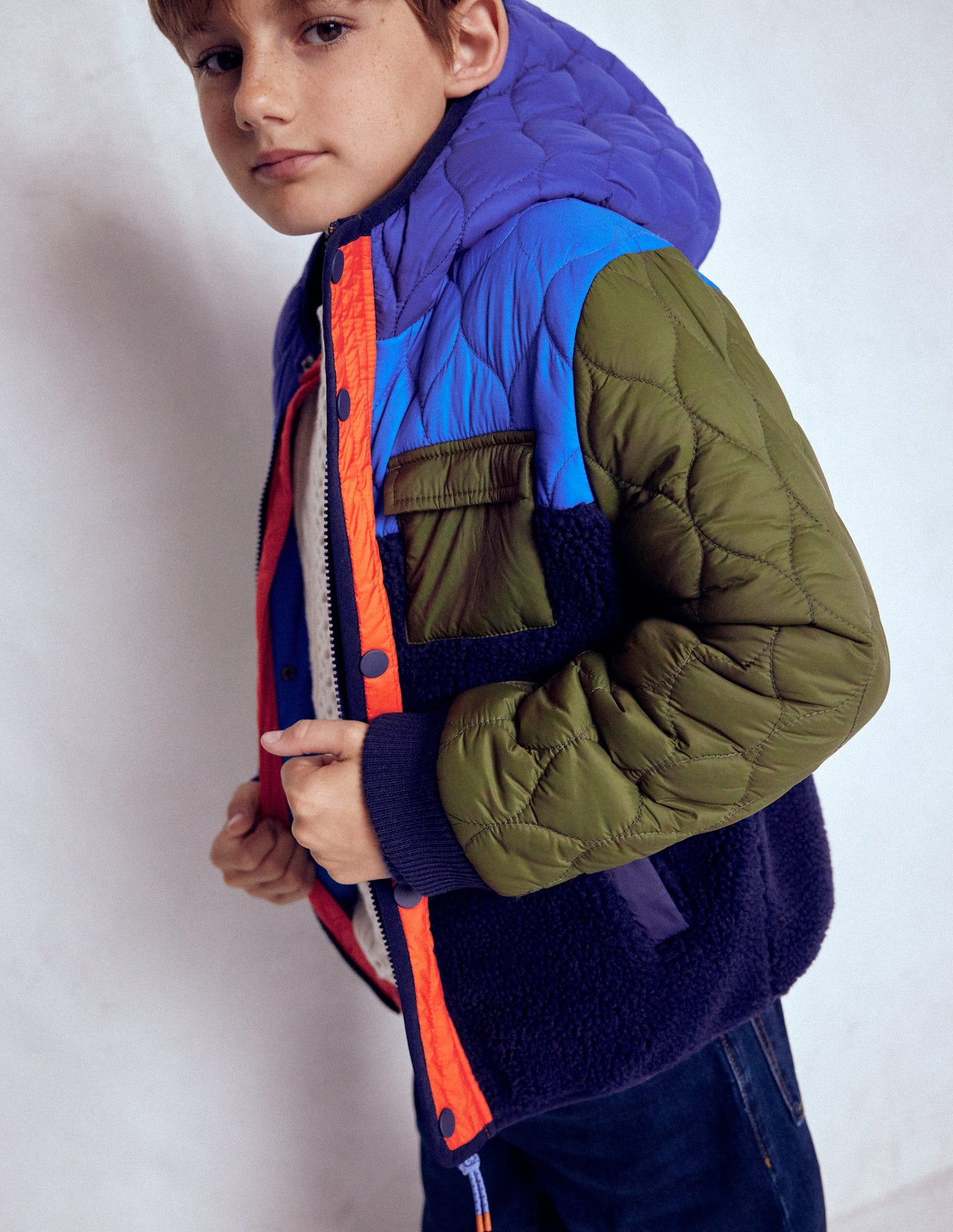 Quilted Borg Jacket-Classic Khaki Colourblock