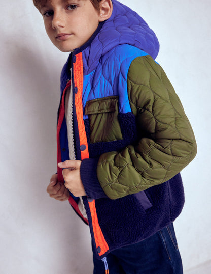 Quilted Borg Jacket-Classic Khaki Colourblock-3