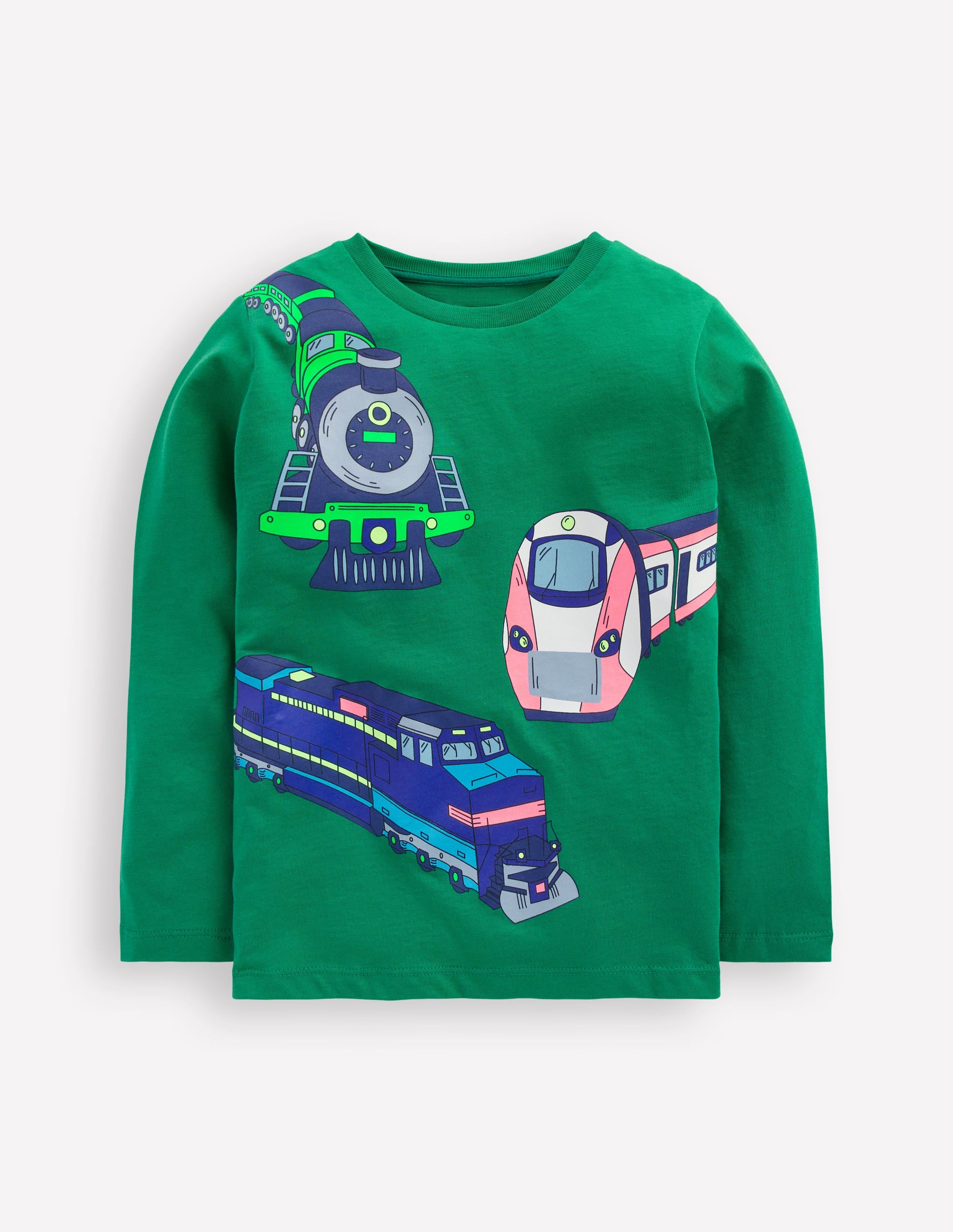 Long Sleeve Printed T-shirt-Pine Green Trains | Boden USA