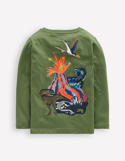Front & Back Printed T-shirt-Green Volcano Dino-2
