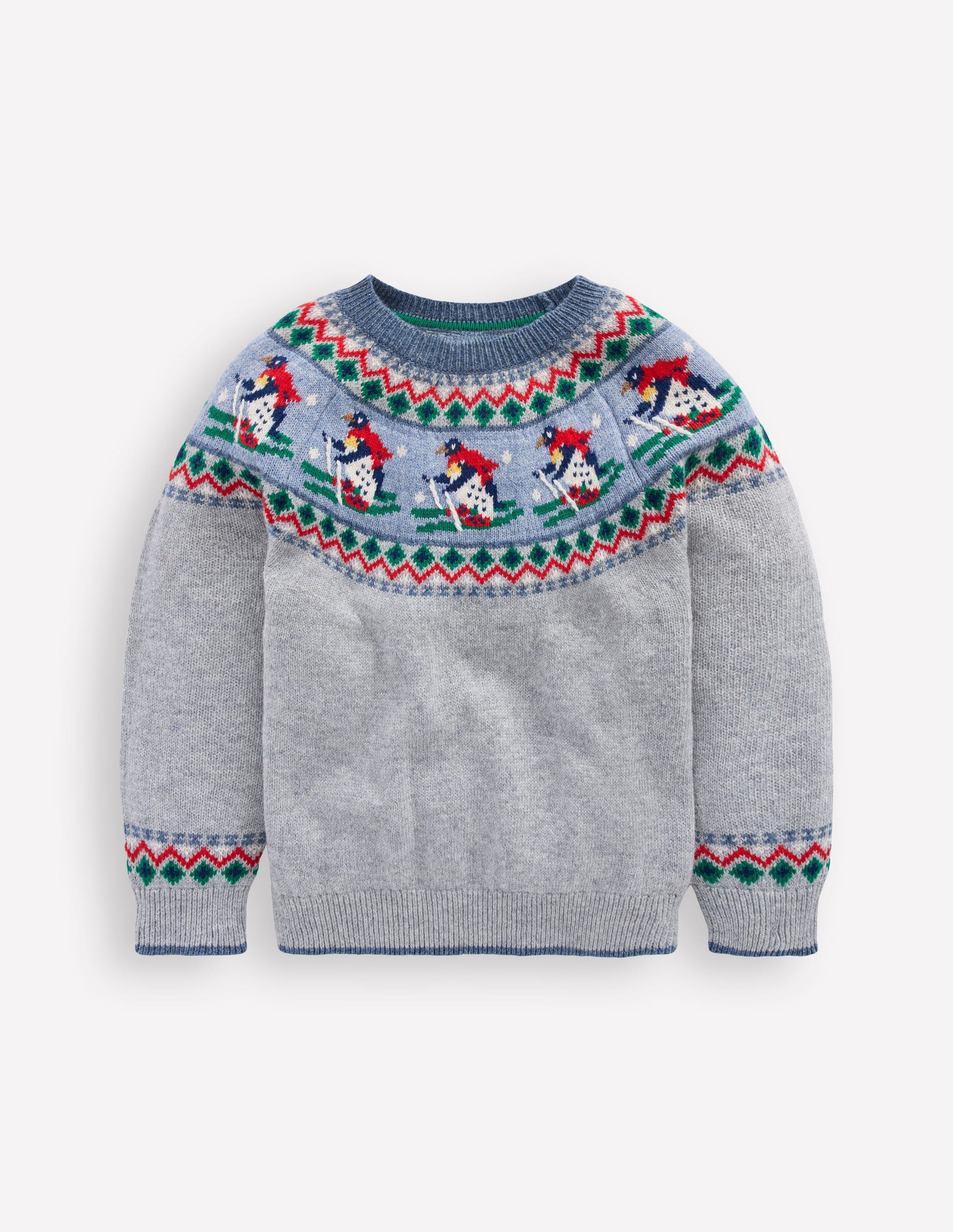 Fair Isle Jumper-Grey Marl Skiing Penguins-1