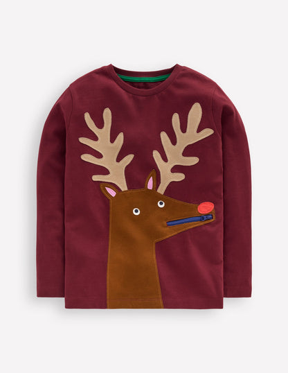 Zip Detail Appliqué T-shirt-Port Reindeer-1