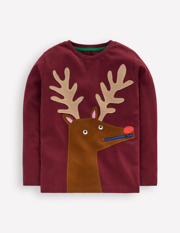 Zip Detail Appliqué T-shirt-Port Reindeer