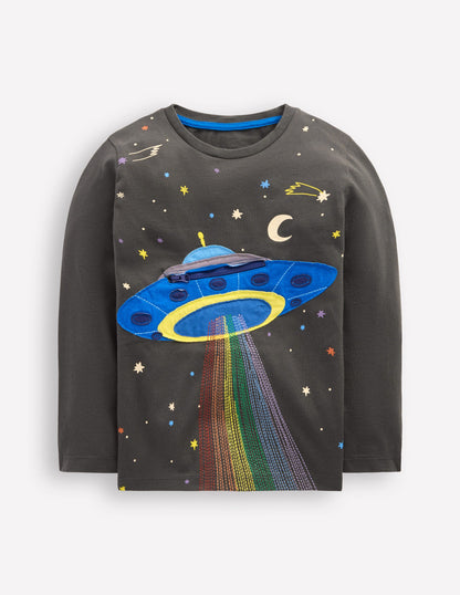 Zip Detail Appliqué T-shirt-Phantom UFO-1