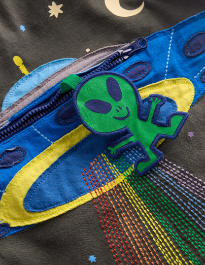 Zip Detail Appliqué T-shirt-Phantom UFO-3