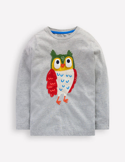 Long Sleeve Novelty 3D T-Shirt-Grey Marl Owl-1