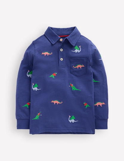 Embroidered Slub Polo Shirt-Starboard Blue Dino-1