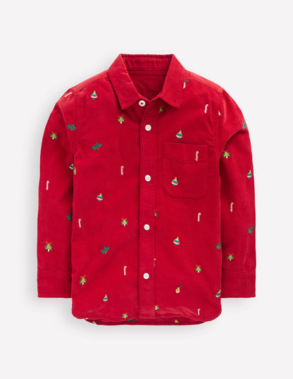 Embroidered Corduroy Shirt-Red Christmas Embroidery-1