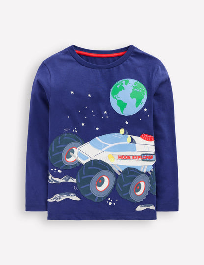 Long Sleeve Appliqué T-shirt-Twilight Blue Moon Explorer-1