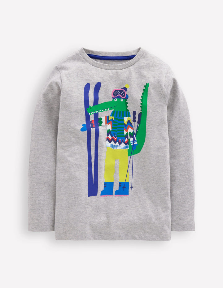 Long Sleeve Novelty T-shirt-Grey Marl Skiing Croc