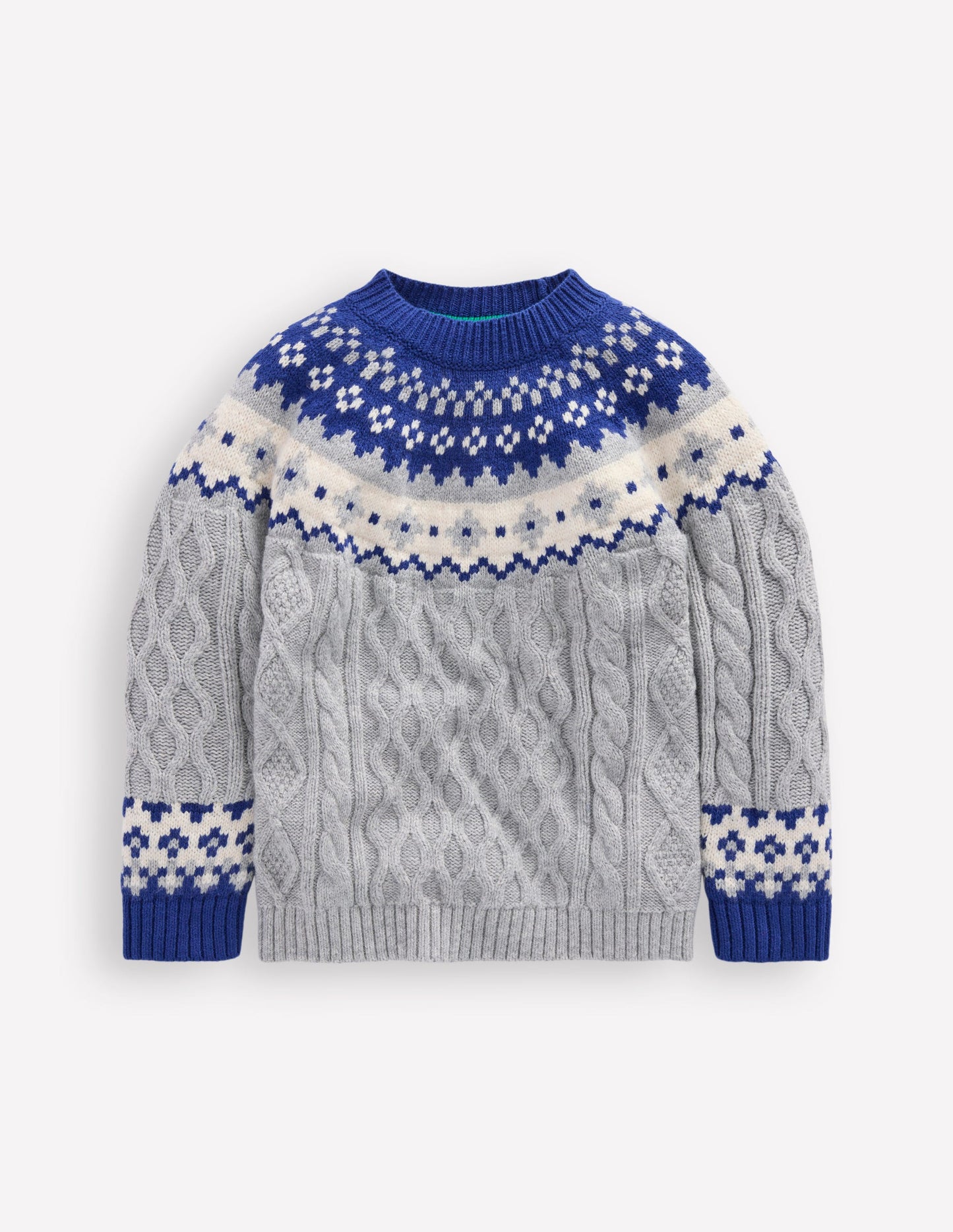 Cable Fair Isle Sweater-Grey Marl