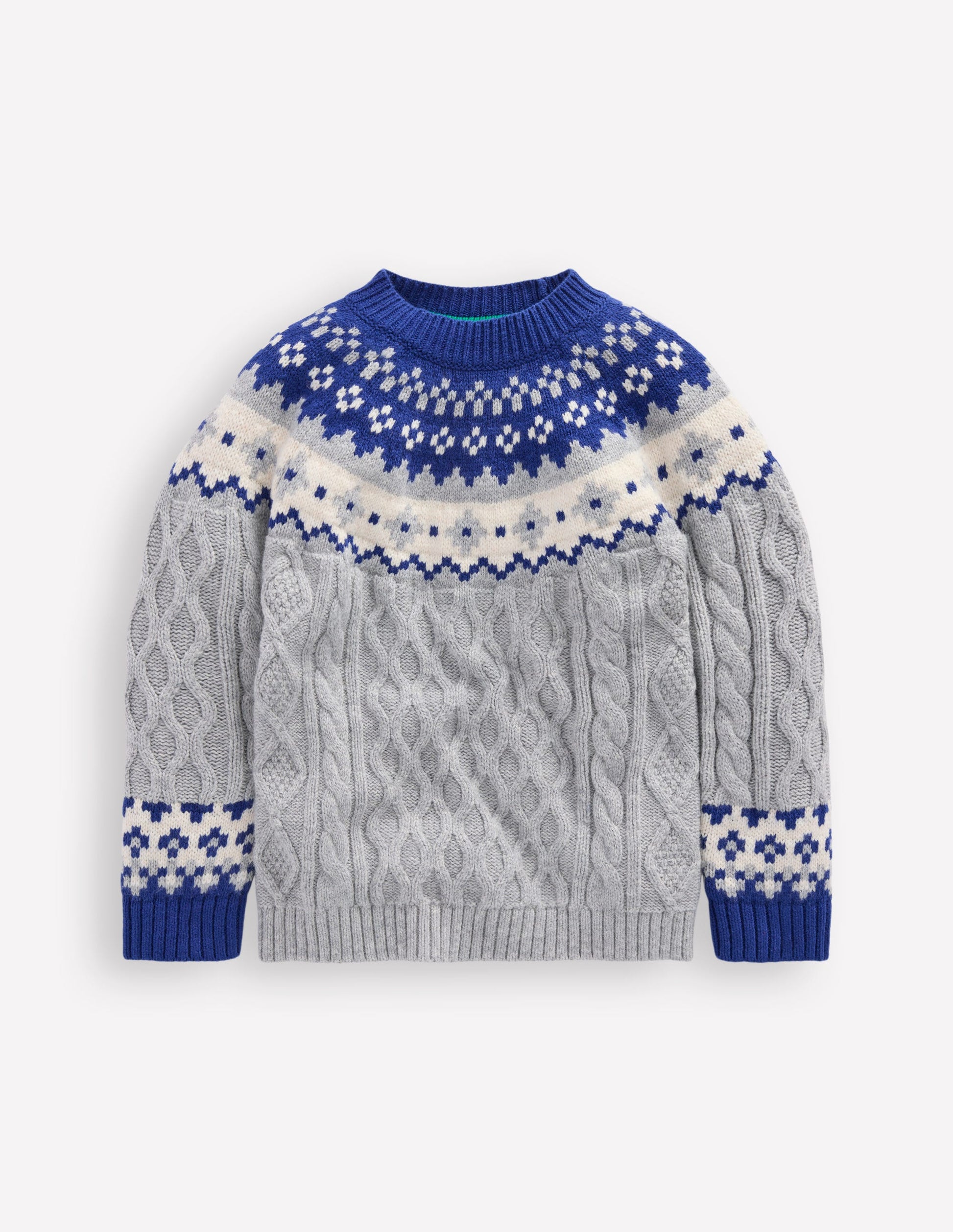 Cable Fair Isle Sweater-Grey Marl-4
