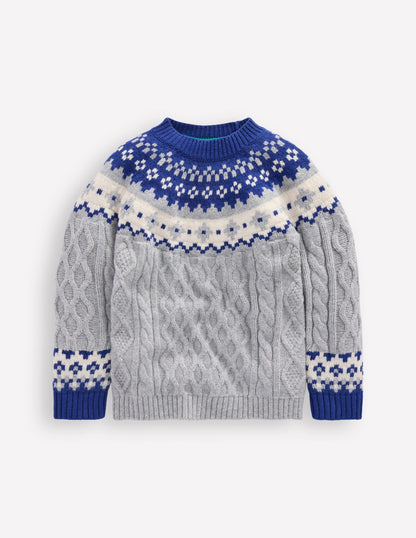 Cable Fair Isle Sweater-Grey Marl-4