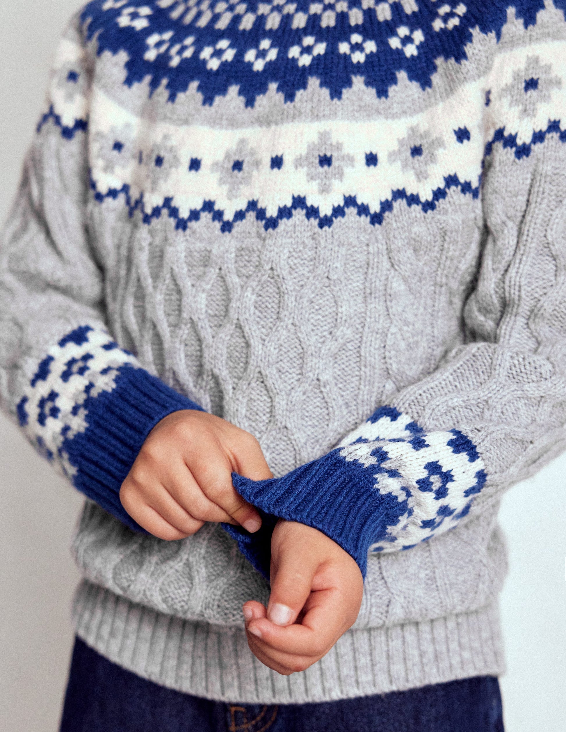 Cable Fair Isle Sweater-Grey Marl-3