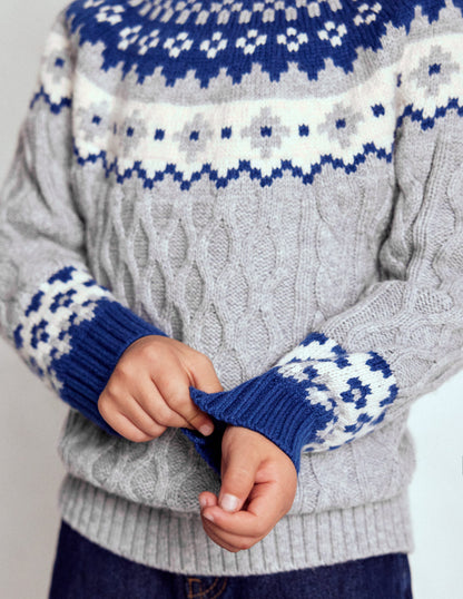 Cable Fair Isle Sweater-Grey Marl-3