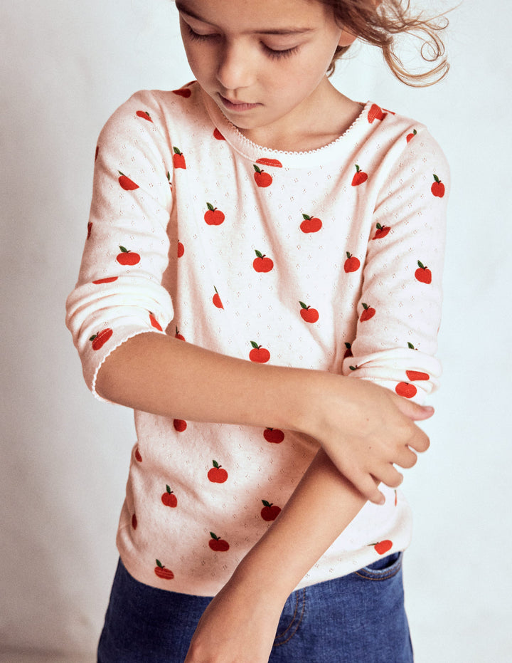 Long Sleeve Pointelle Top-Soft Ivory Little Apples