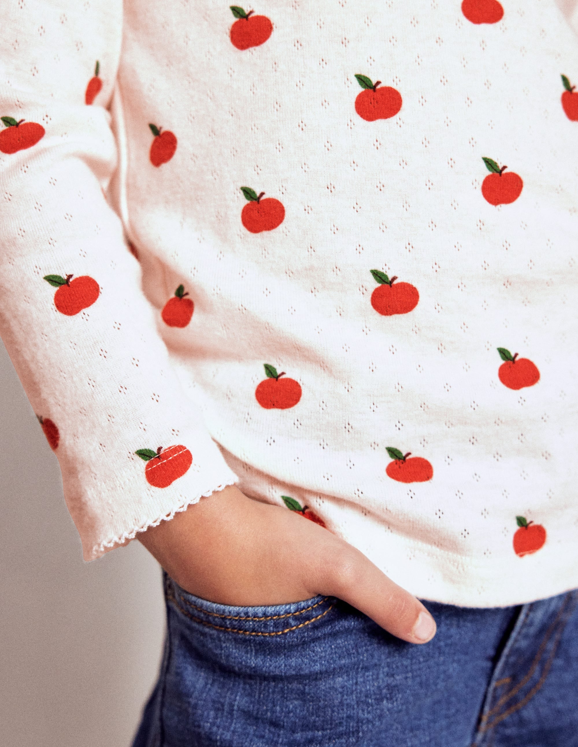 Long Sleeve Pointelle Top-Soft Ivory Little Apples - Image 3