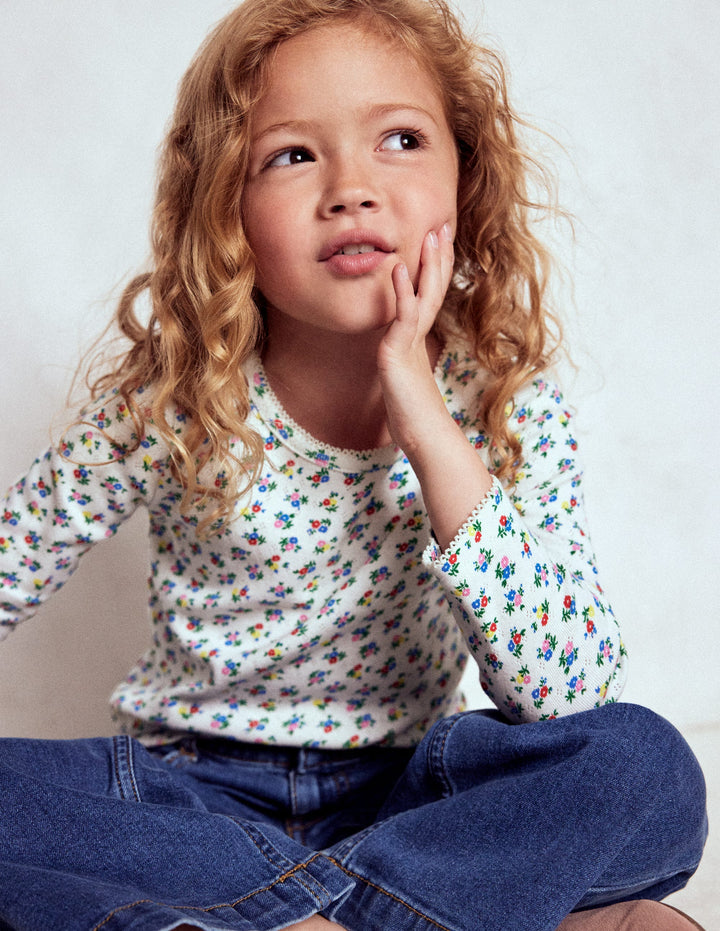 Long Sleeve Pointelle Top-Soft Ivory Ditsy