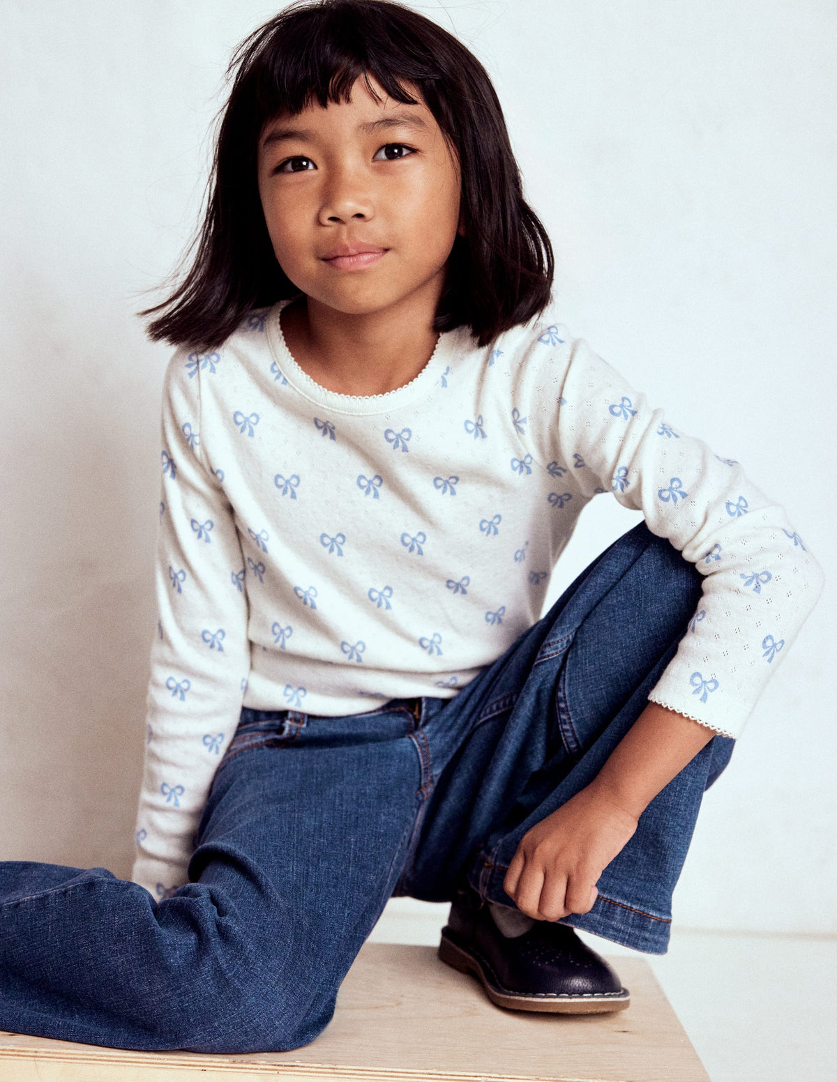 Long Sleeve Pointelle Top-Multi Bows - Image 1
