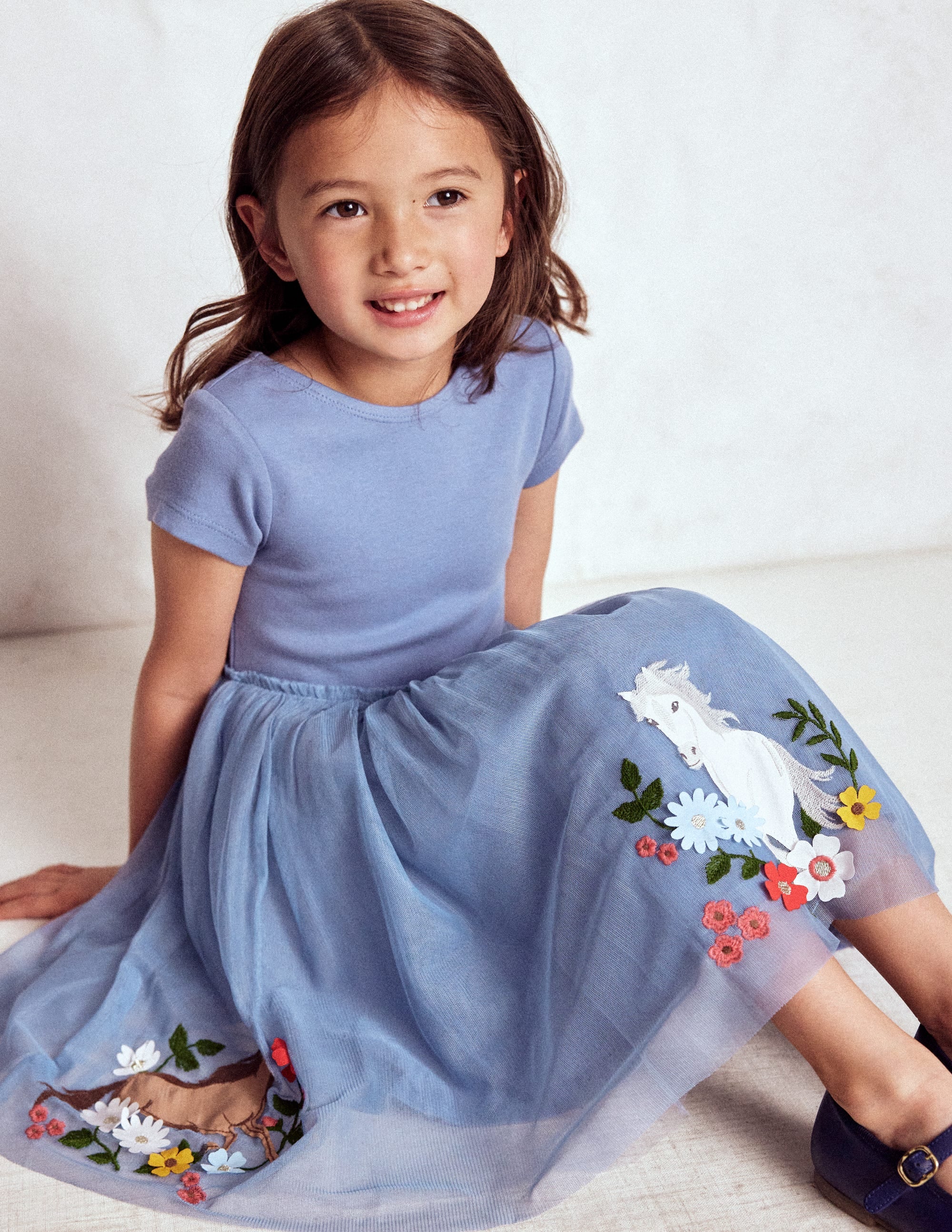 Ami Applique Tulle Dress-Pale Blue Horses - Image 3