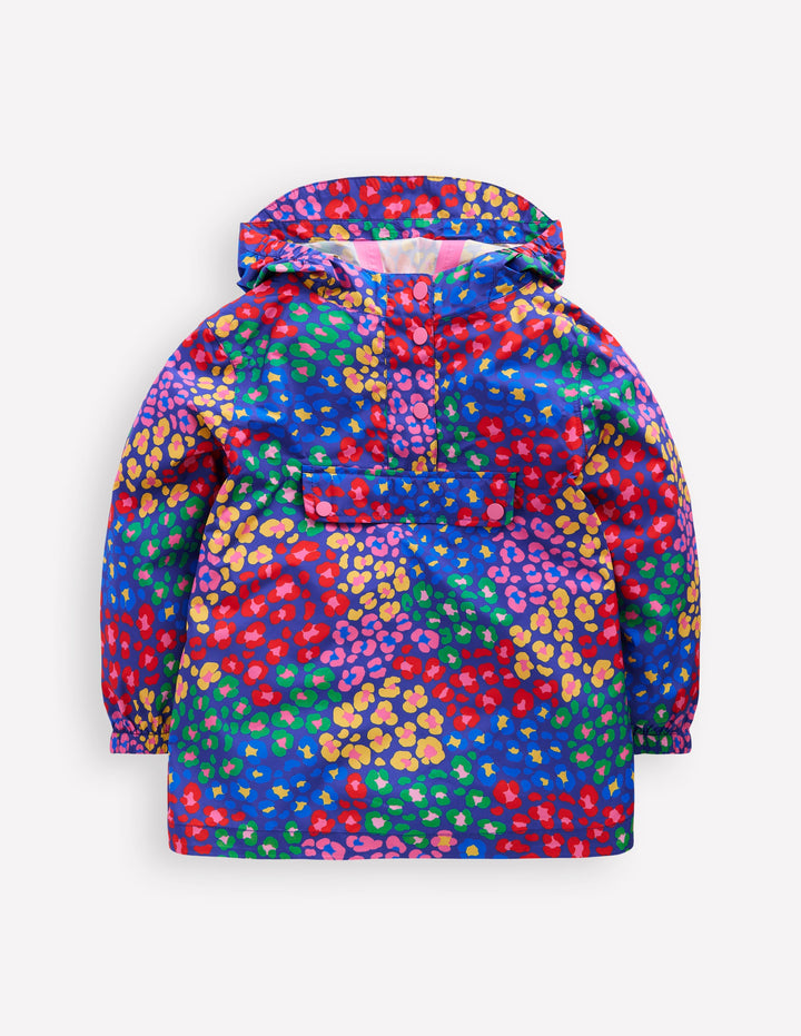 Waterproof Pack-away Jacket-Bright Blue Multi Leopard
