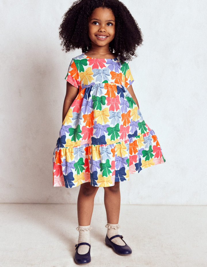 Ariel Twirly Jersey Dress-Multi Rainbow Bows
