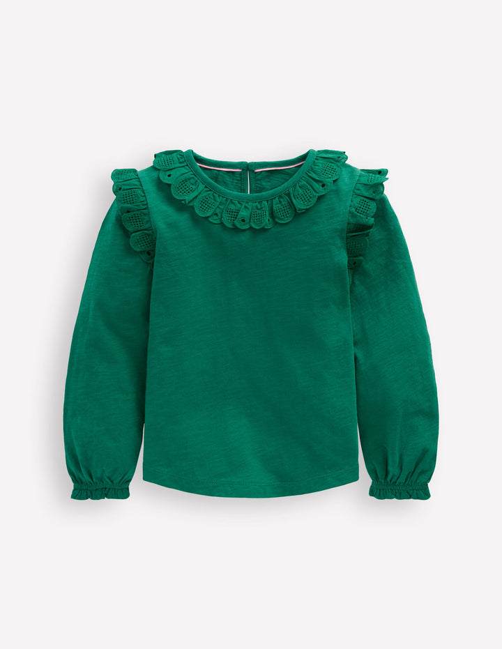 Broderie Heart Trim Top-Jewel Green