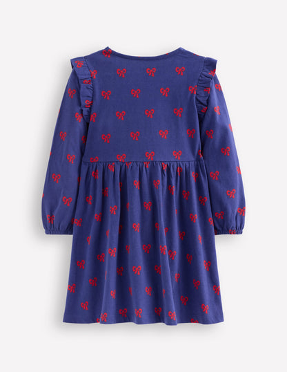 Posie Long Sleeve Jersey Dress-Starboard Blue Tiny Bows-2