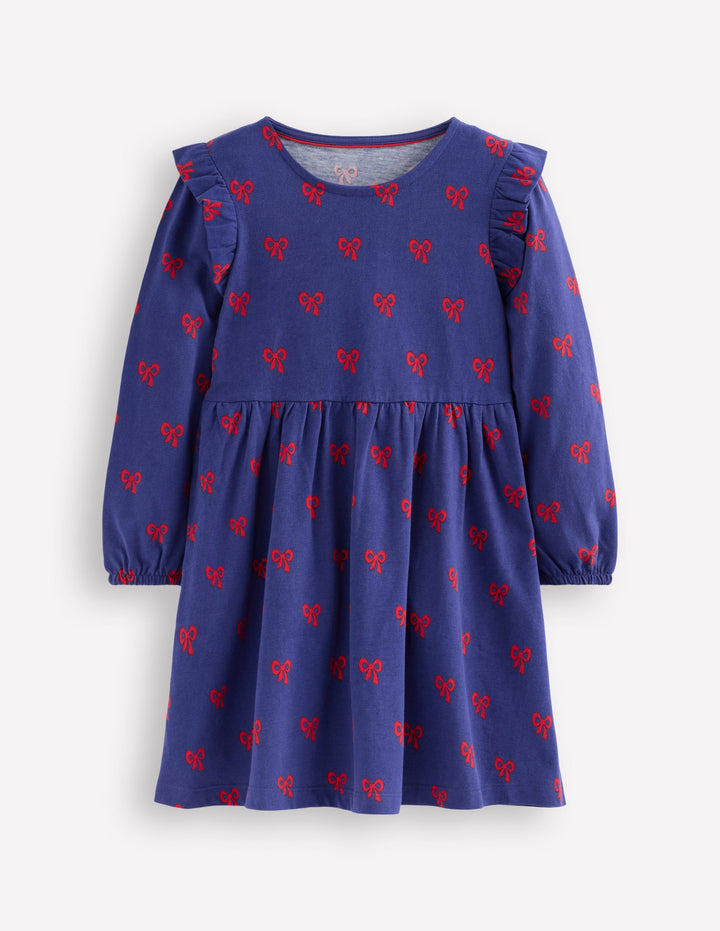Posie Long Sleeve Jersey Dress-Starboard Blue Tiny Bows