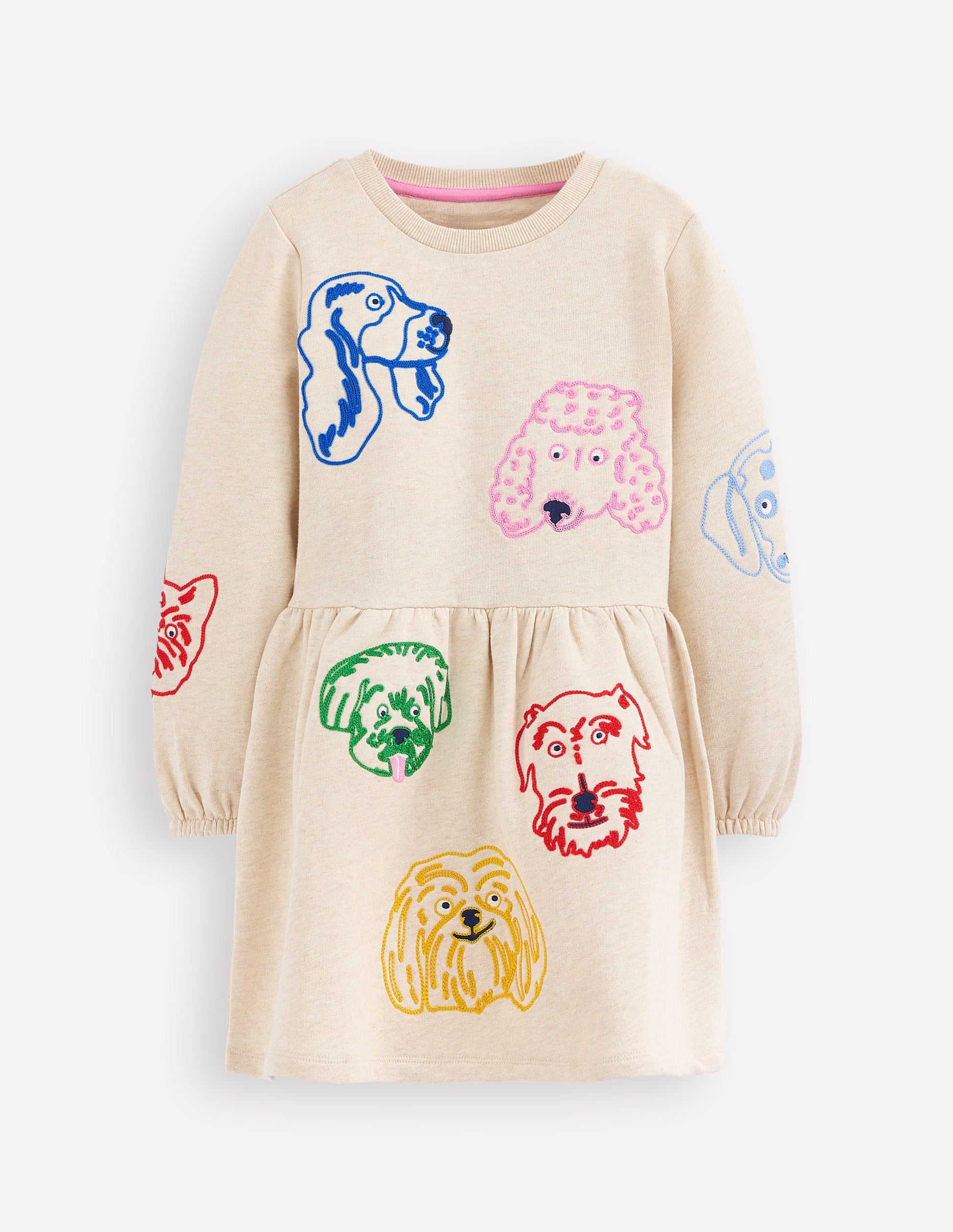 Applique Sweatshirt Dress-Oatmeal Dog faces-1