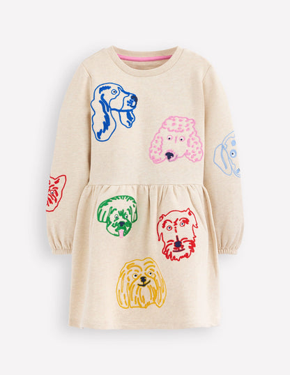 Applique Sweatshirt Dress-Oatmeal Dog faces-1