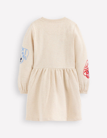 Applique Sweatshirt Dress-Oatmeal Dog faces-2