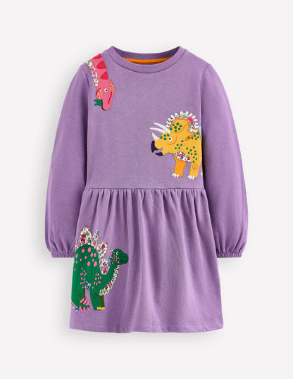 Applique Sweatshirt Dress-Aster Purple Dinosaurs-1